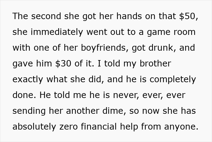 Text revealing the narcissist mom's irresponsible spending of $50, causing her son to cut off financial help. Text revealing the narcissist mom's irresponsible spending of $50, causing her son to cut off financial help.
