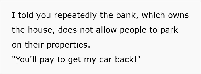 Text on a grey background stating a man claims he’s doing Property Shepherd a favor by not moving his car, with a warning about paying to get his car back. Text on a grey background stating a man claims he’s doing Property Shepherd a favor by not moving his car, with a warning about paying to get his car back.