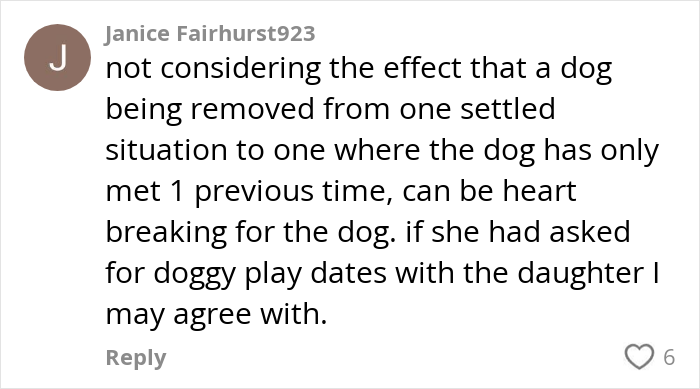 Comment discussing the emotional impact on a dog when parents demand a stranger's dog because their daughter likes her. Comment discussing the emotional impact on a dog when parents demand a stranger's dog because their daughter likes her.