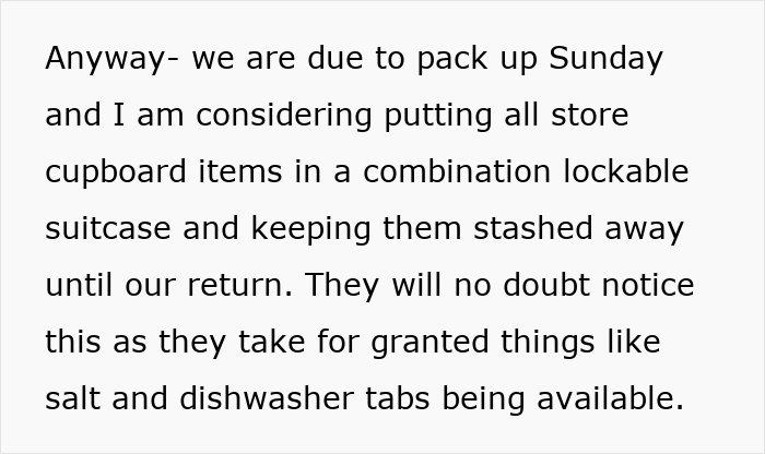 Alt text: Woman considers locking up food and cupboard items after cheap in-laws repeatedly annoy her. Alt text: Woman considers locking up food and cupboard items after cheap in-laws repeatedly annoy her.