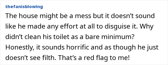 Commenter discussing a messy house and unclean toilet as a red flag when a woman thinks she’s met a perfect man. Commenter discussing a messy house and unclean toilet as a red flag when a woman thinks she’s met a perfect man.