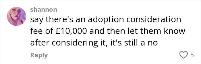 Comment on social media discussing adoption consideration fee related to parents demanding stranger's dog for their daughter. Comment on social media discussing adoption consideration fee related to parents demanding stranger's dog for their daughter.