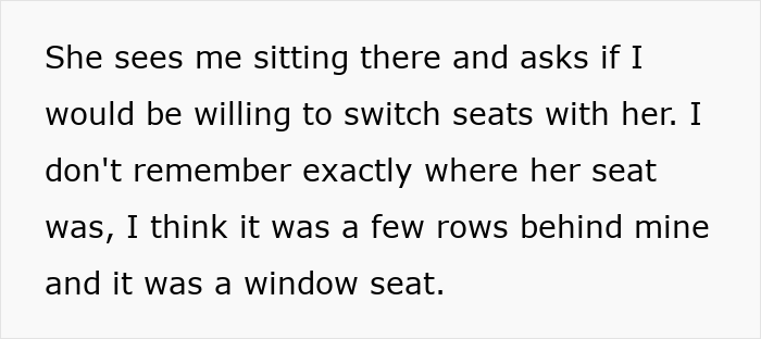 Text describing a person asked to switch airplane seats with a mother, relating to the topic of not switching seats and ignoring children. Text describing a person asked to switch airplane seats with a mother, relating to the topic of not switching seats and ignoring children.