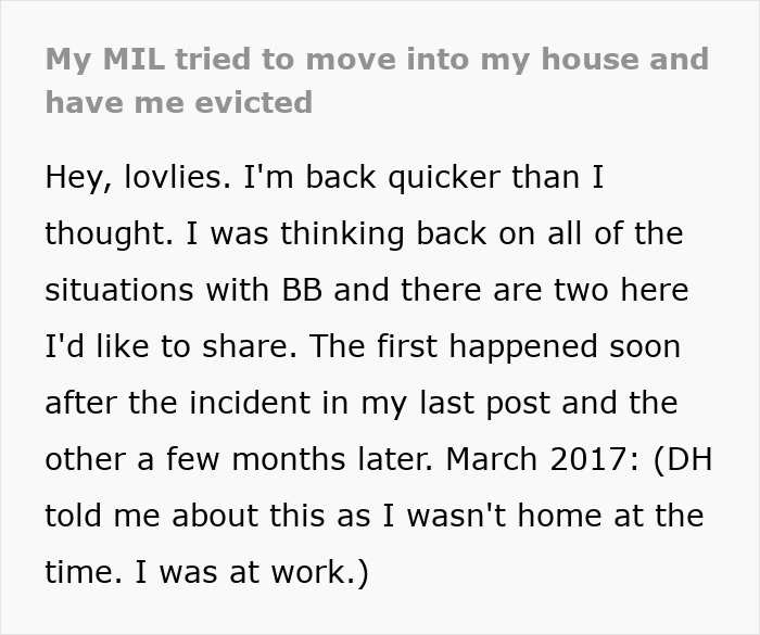 Screenshot of text about a MIL trying to evict DIL from her own house. Screenshot of text about a MIL trying to evict DIL from her own house.