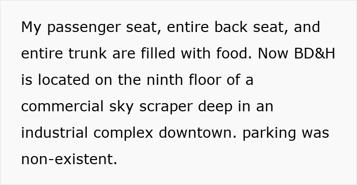 Baker delivering bagels with car loaded full of food near downtown corporate office and industrial complex.
