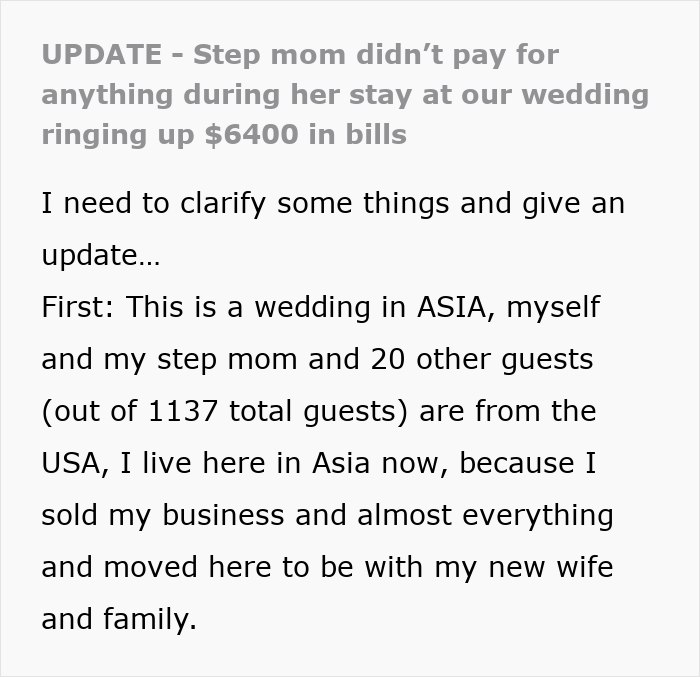 Text update clarifying the $6400 wedding bills owed by stepmom Text update clarifying the $6400 wedding bills owed by stepmom