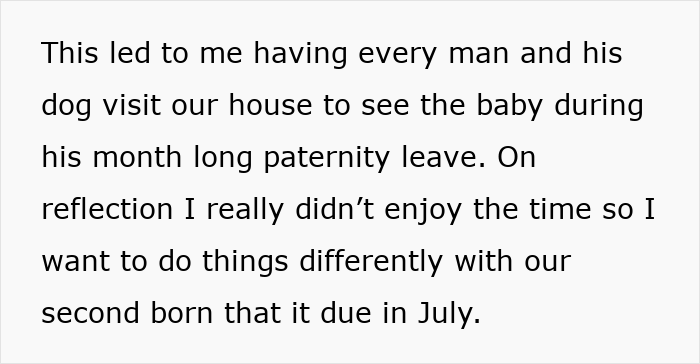 Text describing a mom-to-be reflecting on postpartum help and husband focusing on grandparent balance for support.