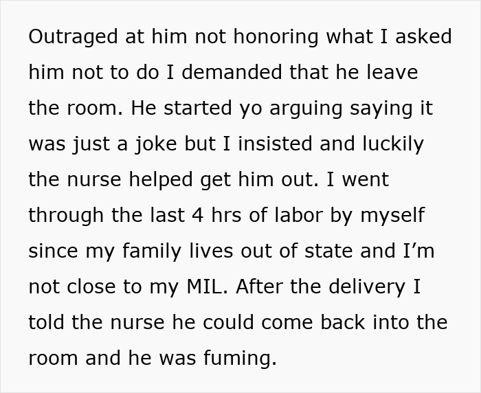 Text expressing frustration about a man removed from the delivery room after an inappropriate prank during labor.