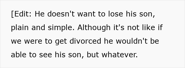 Text explaining a husband does not want to lose his son, even if the woman leaves him. Text explaining a husband does not want to lose his son, even if the woman leaves him.