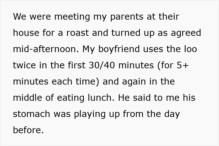 Man hungover during lunch while meeting girlfriend’s parents, frequently using the restroom and ruining the meal.