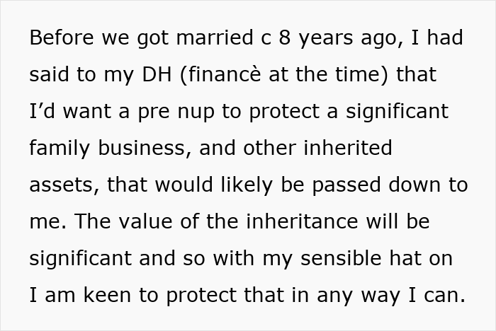 Text explaining a wife's desire for a prenup to protect family business and inherited assets, highlighting the husband's broken postnup promise after years of marriage. Text explaining a wife's desire for a prenup to protect family business and inherited assets, highlighting the husband's broken postnup promise after years of marriage.