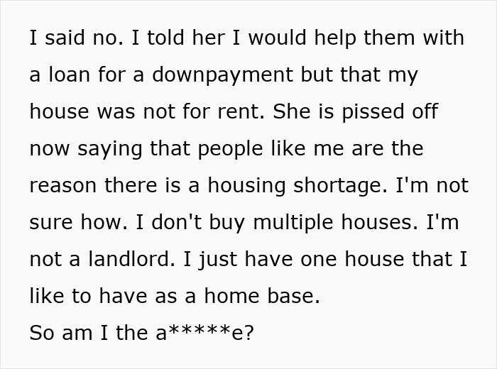 Text screenshot showing someone explaining they are not a landlord and refusing to give their home to sister and family.