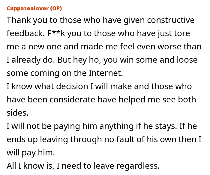 Text post showing a woman deciding to move out after breakup, facing demand to pay half for house upgrades. Text post showing a woman deciding to move out after breakup, facing demand to pay half for house upgrades.