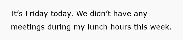 Text image showing a message about lunch break meetings and workplace sacrifices from a frustrated employee. Text image showing a message about lunch break meetings and workplace sacrifices from a frustrated employee.