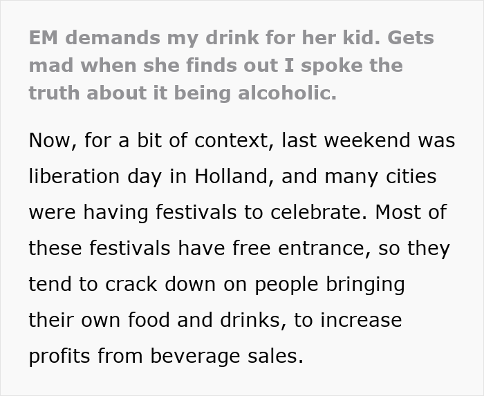 Text snippet: EM demands my drink for her kid. Gets mad when she finds out it is alcoholic, about the Karen incident. Text snippet: EM demands my drink for her kid. Gets mad when she finds out it is alcoholic, about the Karen incident.