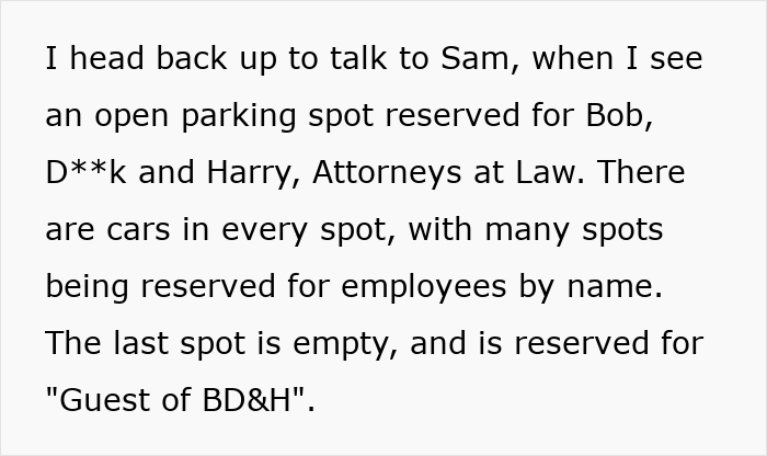 Parking lot with reserved spots for attorneys, highlighting the corporate comedy aspect of a baker's delivery story.