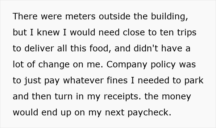 Text excerpt about delivering food and parking meters, illustrating baker’s delivery challenges in a corporate comedy context.