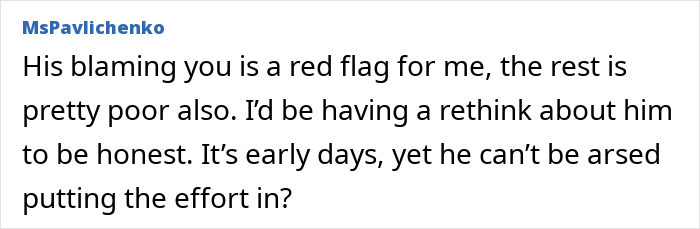 Comment discussing relationship red flags and lack of effort, related to partying the night before meeting girlfriend's parents.