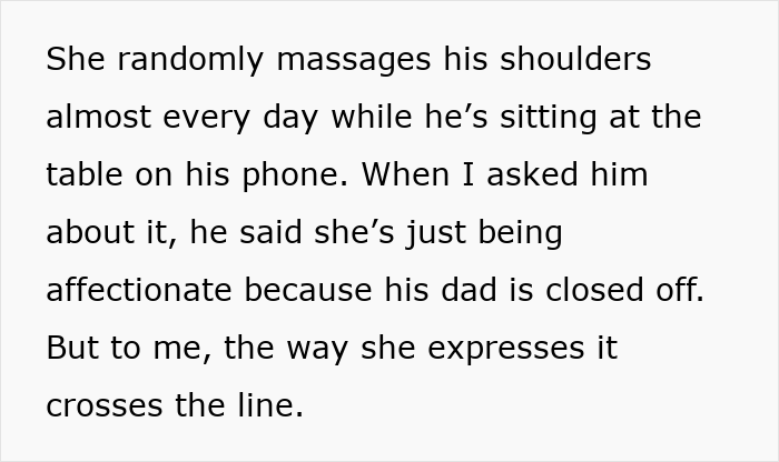 Alt text: Woman feels uncomfortable as boyfriend shows affection to his mom, questioning if she is overthinking the situation. Alt text: Woman feels uncomfortable as boyfriend shows affection to his mom, questioning if she is overthinking the situation.