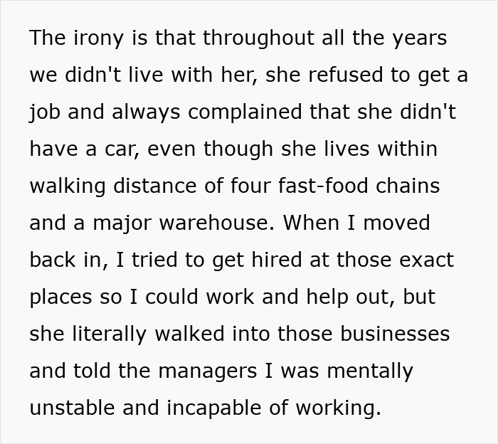 Text explaining how a narcissist mom sabotaged her daughter's job search, claiming she was mentally unstable. Text explaining how a narcissist mom sabotaged her daughter's job search, claiming she was mentally unstable.