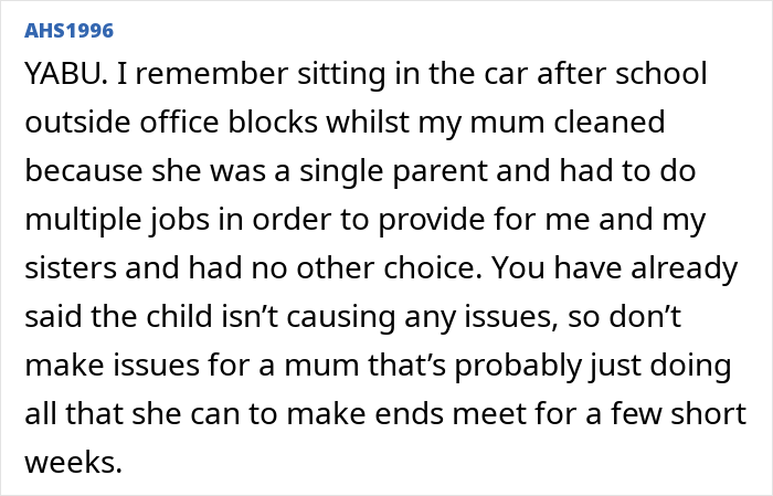 Person upset as cleaner brings her 10-year-old child to work without asking, causing workplace disruption concerns.