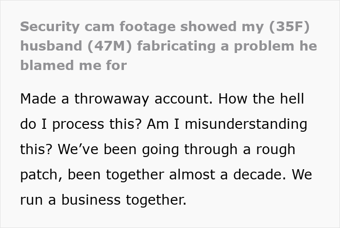 Screenshot of text about a husband removing a business sign and fabricating a problem. Screenshot of text about a husband removing a business sign and fabricating a problem.