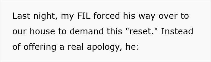 A screenshot showing text about a FIL forcing his way over to demand a reset, offering no sympathy for the DIL's miscarriage. A screenshot showing text about a FIL forcing his way over to demand a reset, offering no sympathy for the DIL's miscarriage.