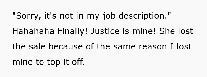 Text showing a message about petty revenge and justice related to something not being in a job description. Text showing a message about petty revenge and justice related to something not being in a job description.