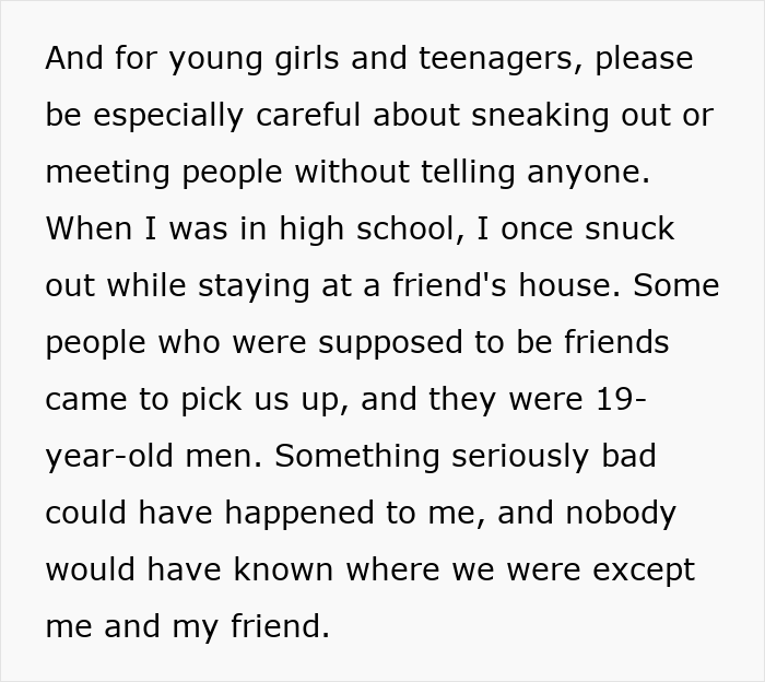 Text snippet cautioning young girls and teenagers against sneaking out for safety tips. Text snippet cautioning young girls and teenagers against sneaking out for safety tips.