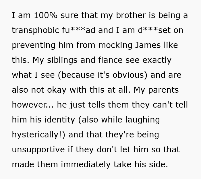 Text about a bride forbidding her brother from wearing a dress, highlighting transphobic mocking at the wedding. Text about a bride forbidding her brother from wearing a dress, highlighting transphobic mocking at the wedding.