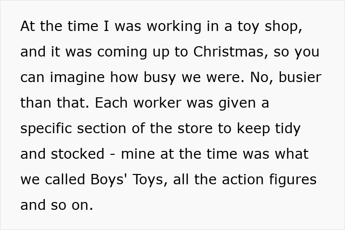 Text excerpt about a busy toy shop worker assigned to Boys' Toys section, illustrating a workplace story involving a manager and woman. Text excerpt about a busy toy shop worker assigned to Boys' Toys section, illustrating a workplace story involving a manager and woman.