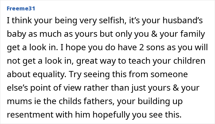 Comment discussing mom-to-be’s postpartum help request and husband's focus on grandparent involvement balance.