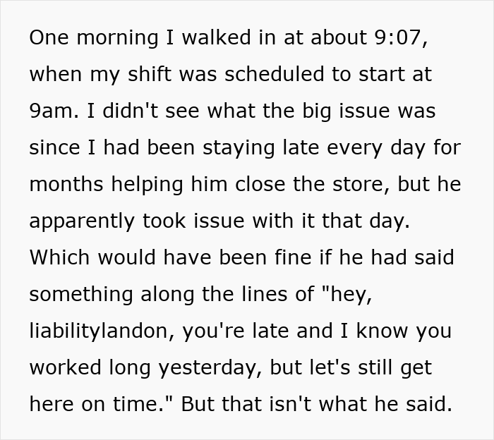 Text excerpt showing a guy describing being told to stop being late and stick to his schedule at work. Text excerpt showing a guy describing being told to stop being late and stick to his schedule at work.
