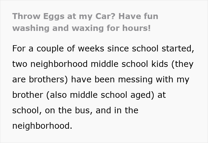 Text about neighborhood kids causing trouble, emphasizing throw eggs at my car and car washing and waxing efforts. Text about neighborhood kids causing trouble, emphasizing throw eggs at my car and car washing and waxing efforts.