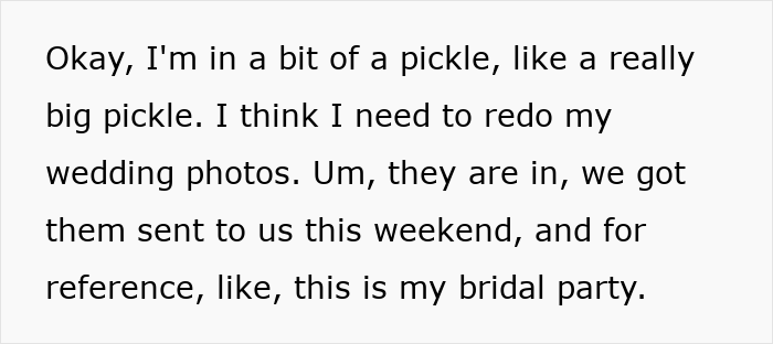 Woman considers recreating wedding photos because the originals are low quality and need to be redone for better memories. Woman considers recreating wedding photos because the originals are low quality and need to be redone for better memories.