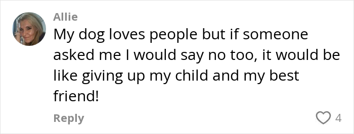 Comment from Allie expressing how giving up her dog would feel like losing a child and best friend, reflecting parents demand dog story. Comment from Allie expressing how giving up her dog would feel like losing a child and best friend, reflecting parents demand dog story.