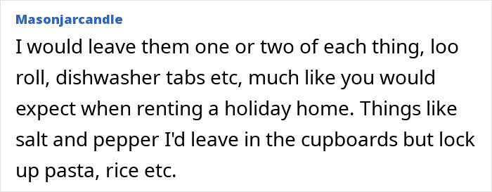 Comment about woman considering locking up food due to cheap in-laws taking items like pasta and rice repeatedly. Comment about woman considering locking up food due to cheap in-laws taking items like pasta and rice repeatedly.