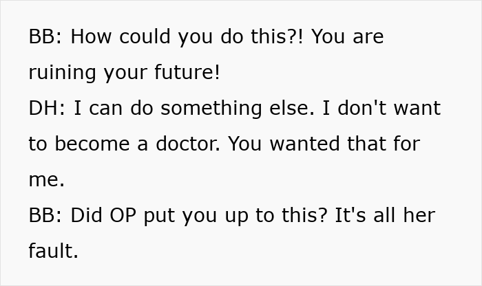 A white image with black text showing a conversation between BB and DH. BB blames OP for DIL evicts herself. A white image with black text showing a conversation between BB and DH. BB blames OP for DIL evicts herself.