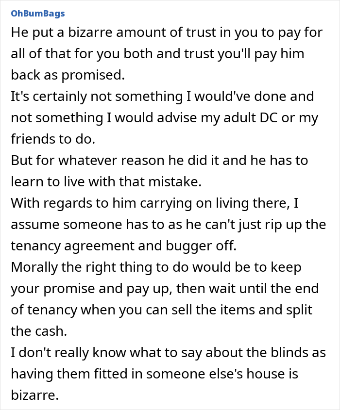 Text post discussing trust issues and responsibilities related to house upgrades after a woman moves out post breakup. Text post discussing trust issues and responsibilities related to house upgrades after a woman moves out post breakup.