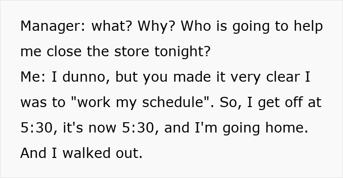 Text conversation showing someone telling their manager they will stick to their schedule and leave work exactly at 5:30 as instructed. Text conversation showing someone telling their manager they will stick to their schedule and leave work exactly at 5:30 as instructed.