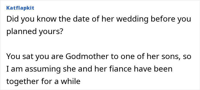 Text screenshot showing a woman confused why best friend is upset about getting married in the same month. Text screenshot showing a woman confused why best friend is upset about getting married in the same month.