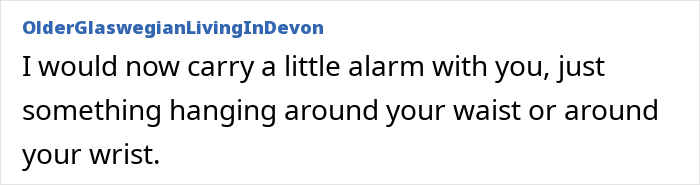 Screenshot of a forum post warning to carry alarm when followed by strange man in woods for personal safety advice. Screenshot of a forum post warning to carry alarm when followed by strange man in woods for personal safety advice.