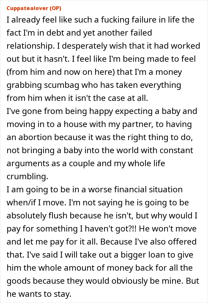 Text post showing a woman’s emotional struggle after breakup and conflict over paying half for house upgrades. Text post showing a woman’s emotional struggle after breakup and conflict over paying half for house upgrades.