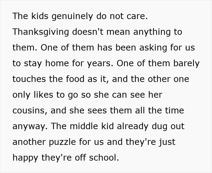 Text discussing how kids do not care about Thanksgiving plans, highlighting family dynamics with upset woman and husband assumptions.