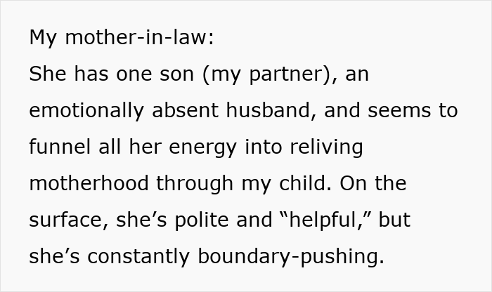 Text excerpt about a mother-in-law emotionally focused on reliving motherhood through grandchild, causing discomfort.