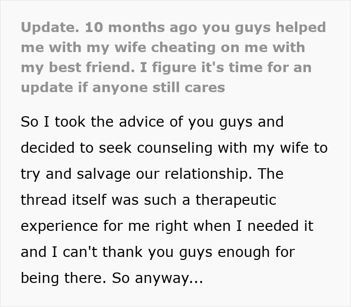 A screenshot of a Reddit post update about a poly wife cheating with her husband's best friend. A screenshot of a Reddit post update about a poly wife cheating with her husband's best friend.