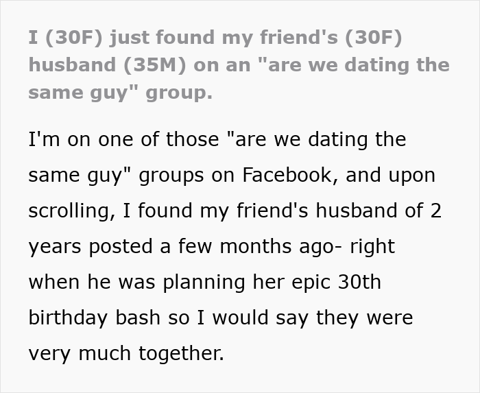 Text about finding a friend's husband in a "friends husband dating the same guy" Facebook group. Text about finding a friend's husband in a "friends husband dating the same guy" Facebook group.