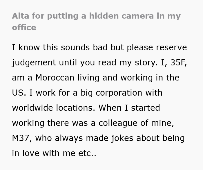 Screenshot of a text, a coworker describes being rejected and a hidden office camera in a story. Screenshot of a text, a coworker describes being rejected and a hidden office camera in a story.