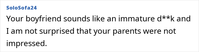 Comment criticizing boyfriend for partying before meeting girlfriend’s parents and ruining the lunch with hangover.