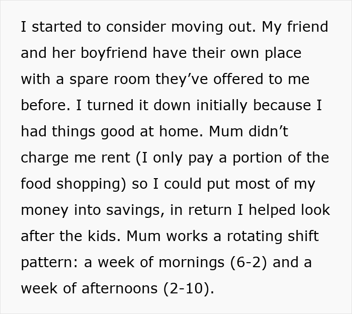 Young adult facing family pressure after deciding to move out, leaving mom without childcare support options. Young adult facing family pressure after deciding to move out, leaving mom without childcare support options.